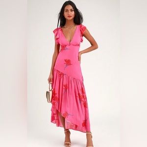 COPY - She's a Waterfall Hot Pink Floral Print Ruffled Maxi Dress - free people